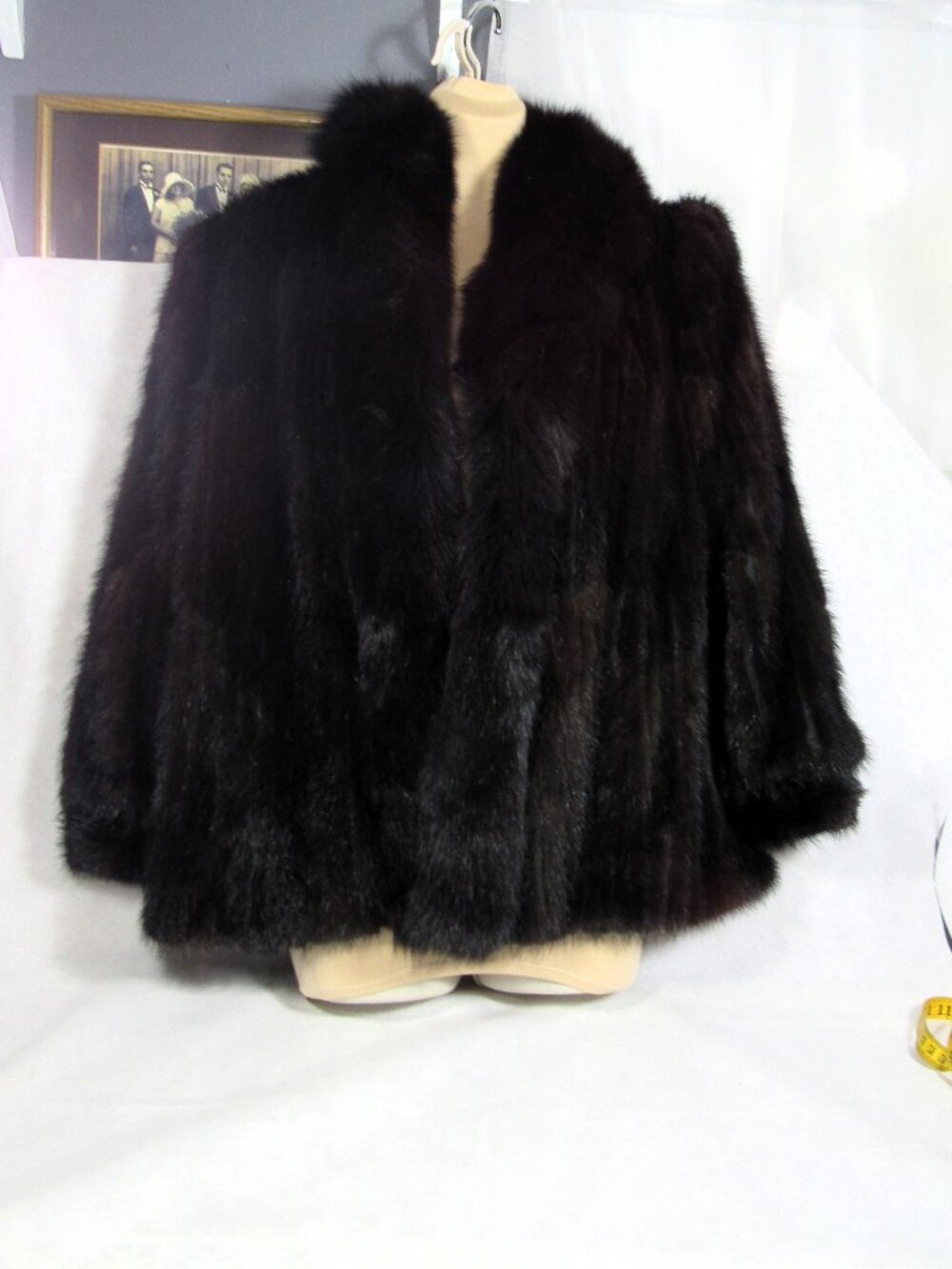 JAN ORIGINALS, BLACK RANCH MINK COAT + FOX SHAWL COLLAR, SIZE 10, NEW YORK